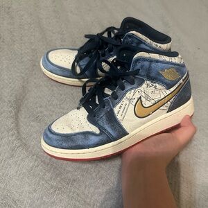 Blue and White Sneakers with Gold Accents